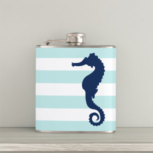 White Mint & Blue Wide Stripes Pattern Seahorse Hip Flask