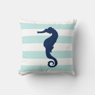White Mint & Blue Wide Stripes Pattern Seahorse Throw Pillow