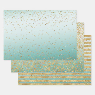 White Mint Gold Glitz Sparkle Stripes Leopard      Wrapping Paper Sheet