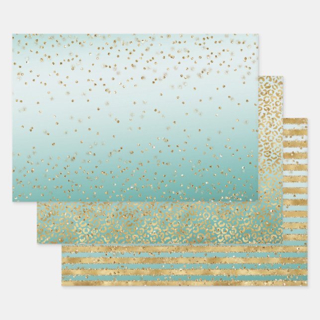 White Mint Gold Glitz Sparkle Stripes Leopard      Wrapping Paper Sheet (Set)