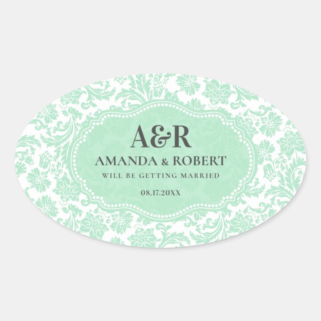 White & Mint-Green Damasks Save The Date Oval Sticker (Front)