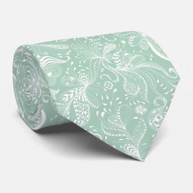 White & Mint-Green Exotic Floral Swirls Tie (Rolled)