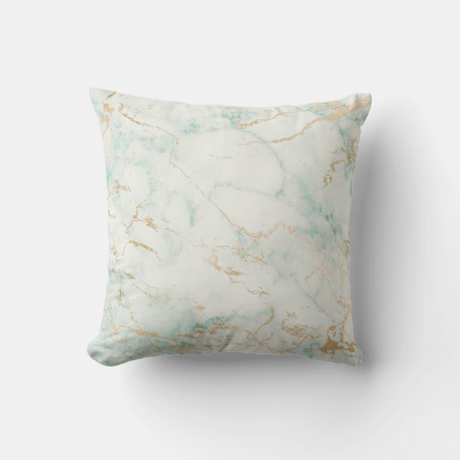 White Mint Green Marble Gold Grey Glam Throw Pillow (Front)