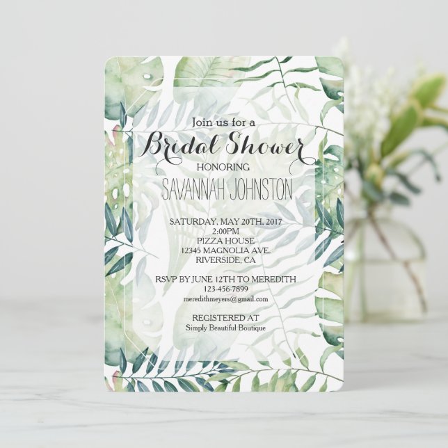 White Mint Green Tropical Leaves Bridal Shower Invitation (Standing Front)