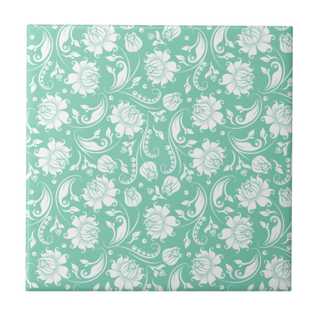 White & Mint-Green Vintage Floral Damasks Tile (Front)