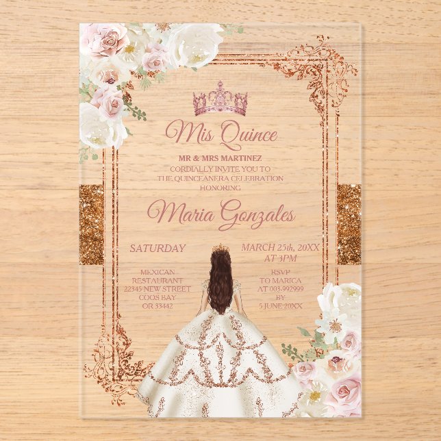 White Mis Quince Crown Rose Gold Quinceañera Acrylic Invitations (Front)