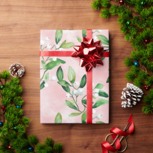 White Mistletoe On Pink Vintage Christmas  Wrapping Paper