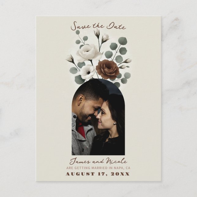 White Mocha Cream Modern Floral Save the Date Announcement Postcard (Front)