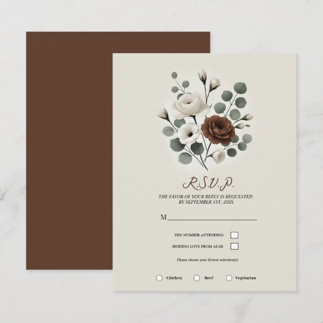 White Mocha Cream Modern Floral Wedding RSVP Invitation (Front/Back)