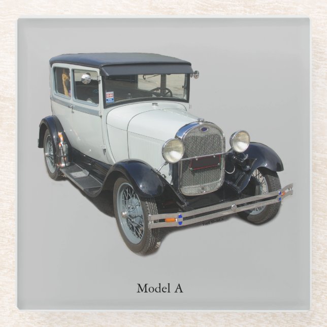 White Model A glass coaster (Front)