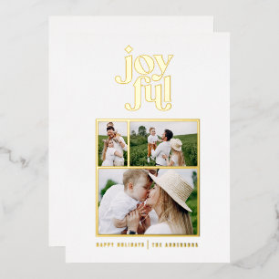 white modern abstract joyful 3 photo foil holiday card