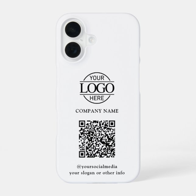 White Modern Business Logo & QR Code Promotional iPhone 16 Case (Back)