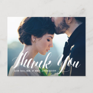 White Modern Calligraphy Photo Wedding Thank You Postcard