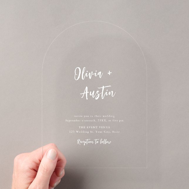 White Modern Chic Script Minimalist Wedding Acrylic Invitations (Insitu (Handheld))