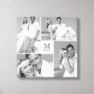 White Modern Grid Monogram Wedding 4 Photo Collage Canvas Print