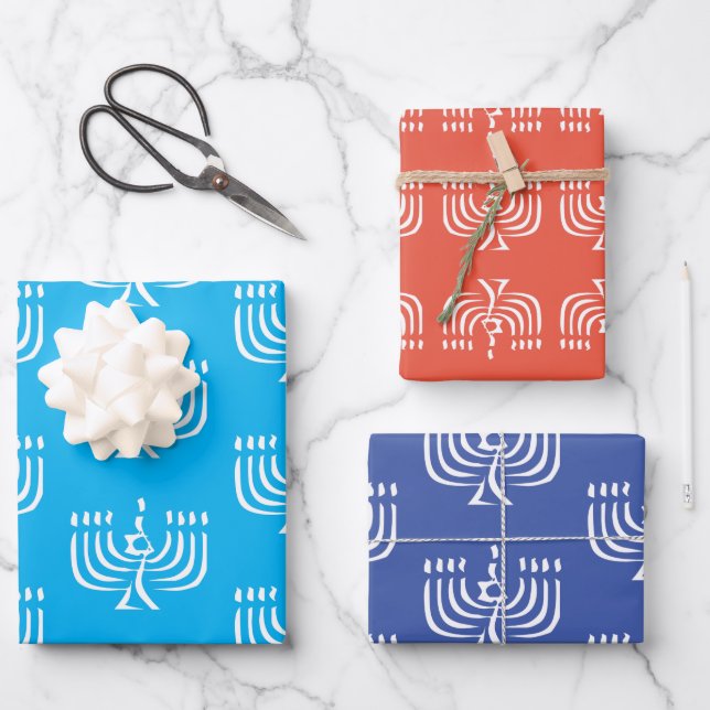 White Modern Menorah Wrapping Paper Sheets (Front)