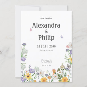 White Modern Minimalist Floral Wedding Invitation