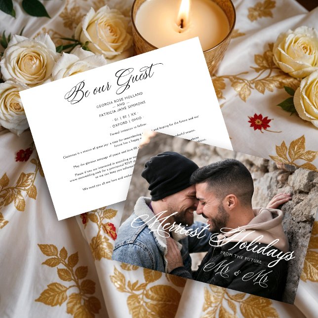 White Modern Mr & Mr Happiest Holidays Christmas Save The Date (White Modern Mr & Mr Happiest Holidays Christmas Couple Wedding Save the Date Cards.)