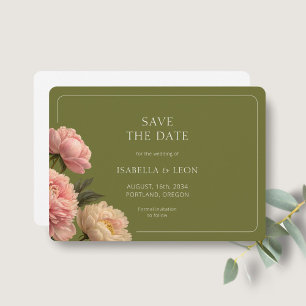 White Modern Olive Green Rose Save the Date Invitation