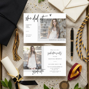 White Modern Photo She Did It Grad Invite
