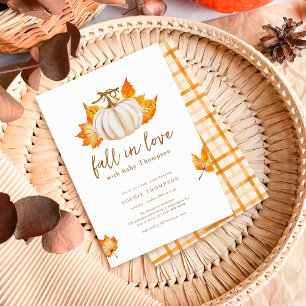White Modern Pupmkin Fall In Love Baby Shower Invitation