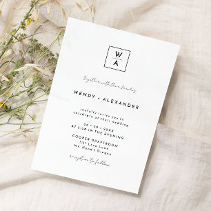 White Modern Script Monogram Crest Wedding Invitation