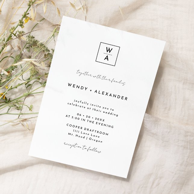 White Modern Script Monogram Crest Wedding Invitation (Creator Uploaded)