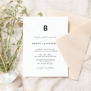 White Modern Script Monogram Wedding Invitation