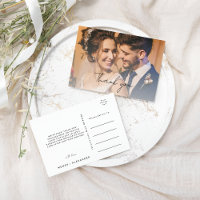 White Modern Script Wedding Photo Thank You