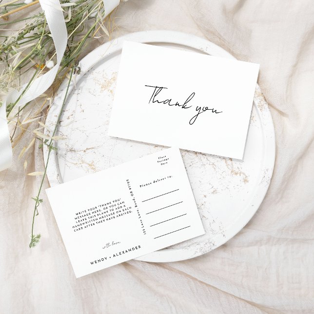 White Modern Script Wedding Thank You Postcard (Creator Uploaded)