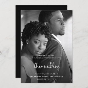 White Modern Script with Photo   Wedding Invitation