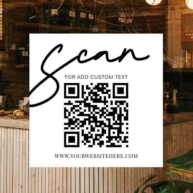 White Modern Simple Promotional Business QR Code Window Cling (Simple and modern scan here business QR code window cling in white and black)