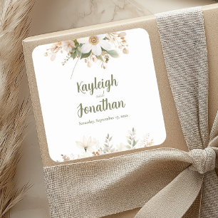 White Modern Watercolor Floral Wedding Square Sticker