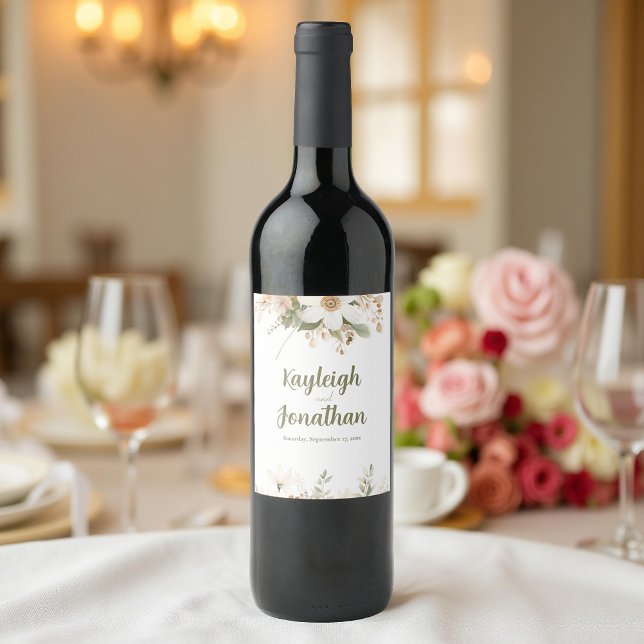 White Modern Watercolor Floral Wedding Wine Label (Creator Uploaded)