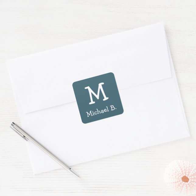 White Monogram and Name on Blue Rounded Square Square Sticker (Envelope)