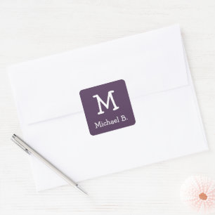 White Monogram and Name on Purple Rounded Square Square Sticker