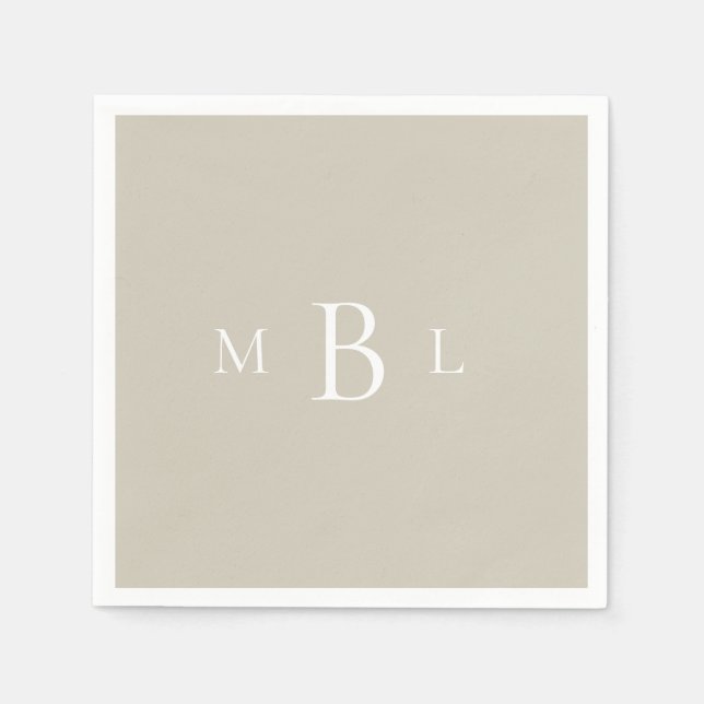  White Monogram Beige Wedding Cocktail Napkin (Front)