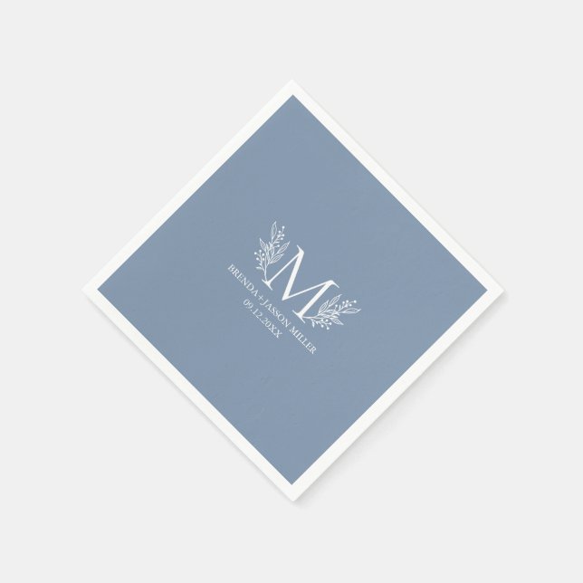 White monogram botanical flower on blue-grey napkin (Corner)