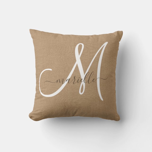 White Monogram Cocoa Caramel Brown Throw Pillow (Front)