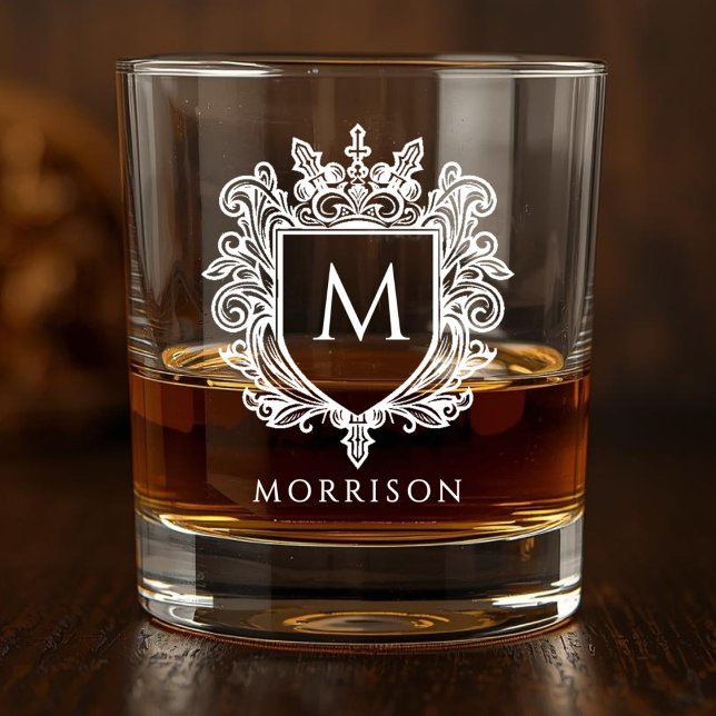 White Monogram Crest Printed Whiskey Glass (White Monogram Crest Printed Whiskey Glass)
