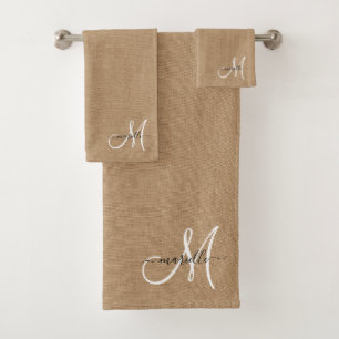 White Monogram Faux Linen Caramel Bath Towel