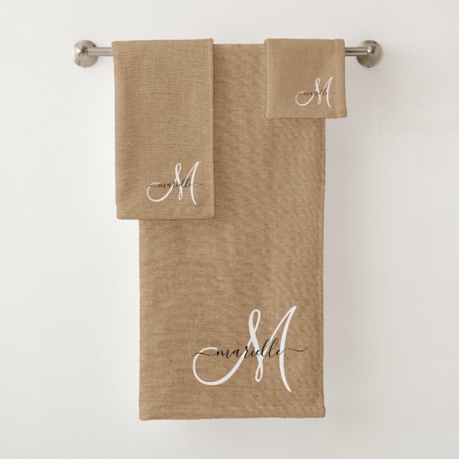 White Monogram Faux Linen Caramel Bath Towel (Insitu)