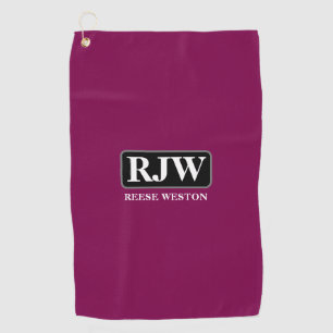 White Monogram Inside Grey Border, Name, Maroon Golf Towel