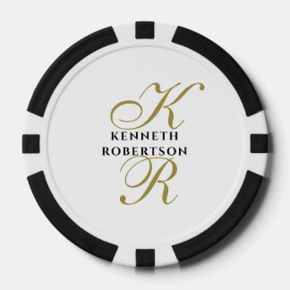 White Monogram Name Black Gold Script Initials Men Poker Chips