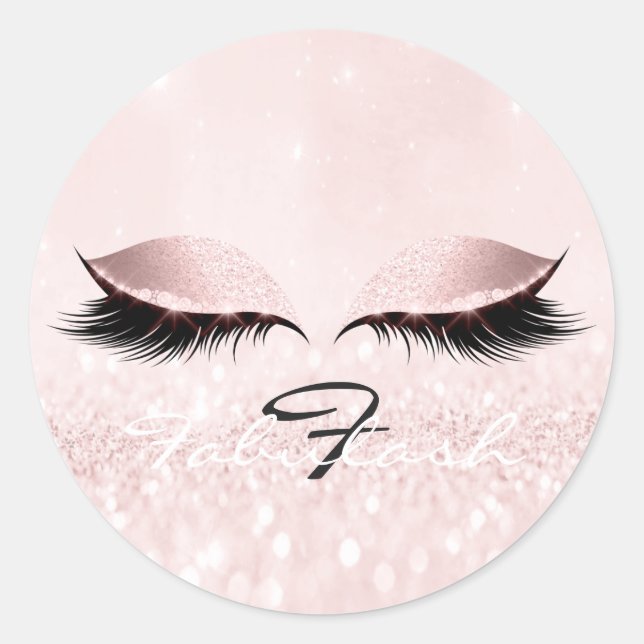 White Monogram Name Glitter Pink Eyes Lash Princes Classic Round Sticker (Front)