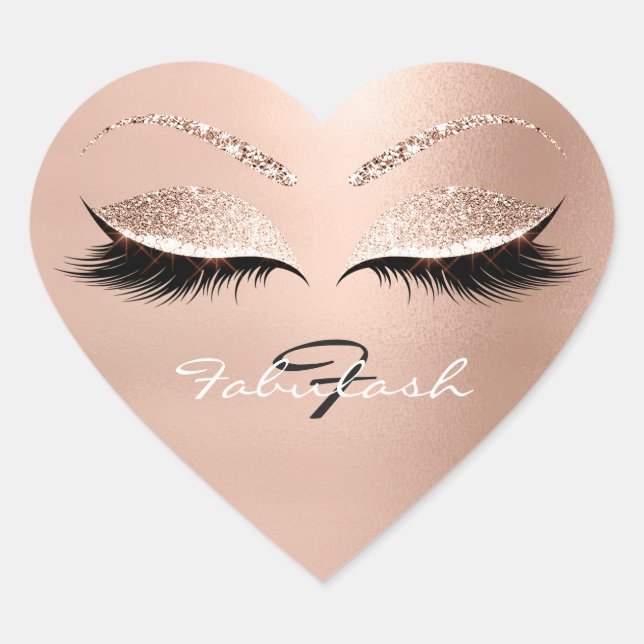 White Monogram Name Glitter Pink Gold Lashes White Heart Sticker (Front)