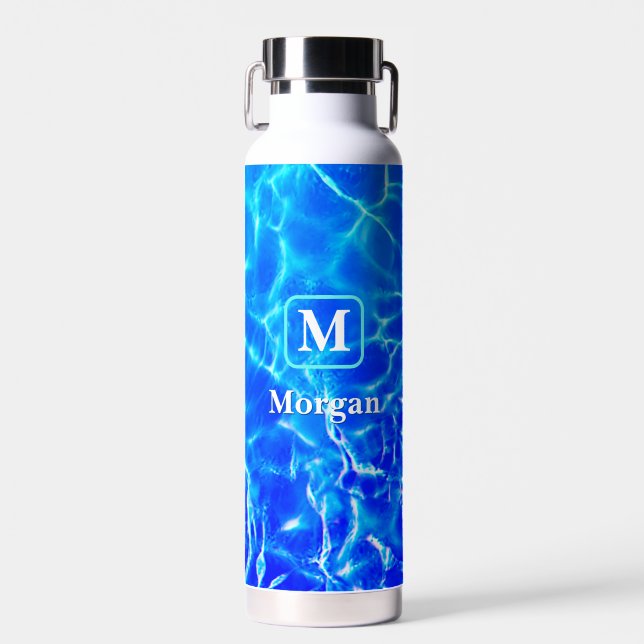 White Monogram & Name, Teal Frame, Blue Pool Water Water Bottle (Front)