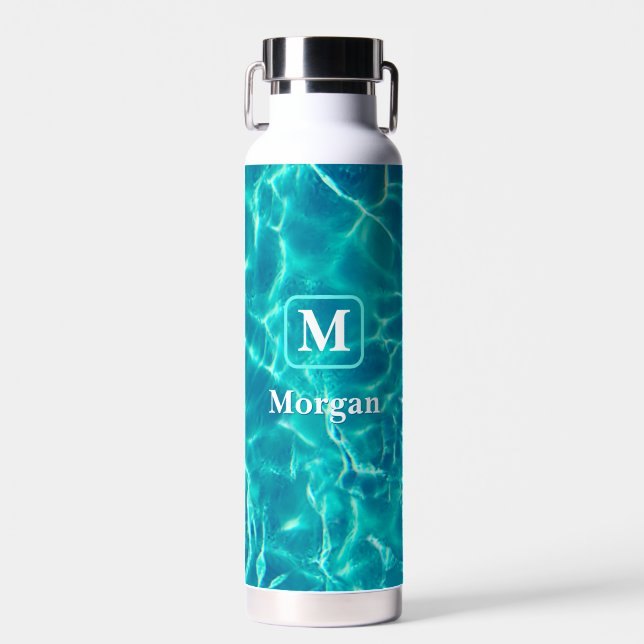White Monogram & Name, Teal Frame, Pool Water Water Bottle (Front)