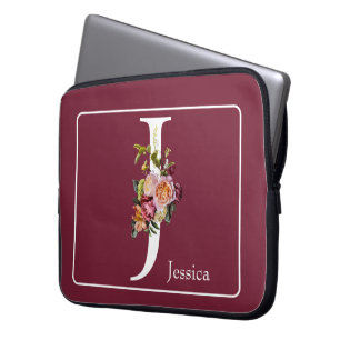White Monogram Pink Floral on Burgundy with Name Laptop Sleeve