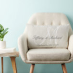 White Monogram Rustic Look Linen Wedding Lumbar Pillow<br><div class="desc">Personalized wedding gift for newlyweds.Rustic printed linen look and white monogram initial pillow with bride and groom names and wedding date in a script font overlay design on a PRINTED light beige linen photo effect background. Elke Clarke© for MonogramGallery at Zazzle. Makes a great gift for newly weds. Great trendy,...</div>